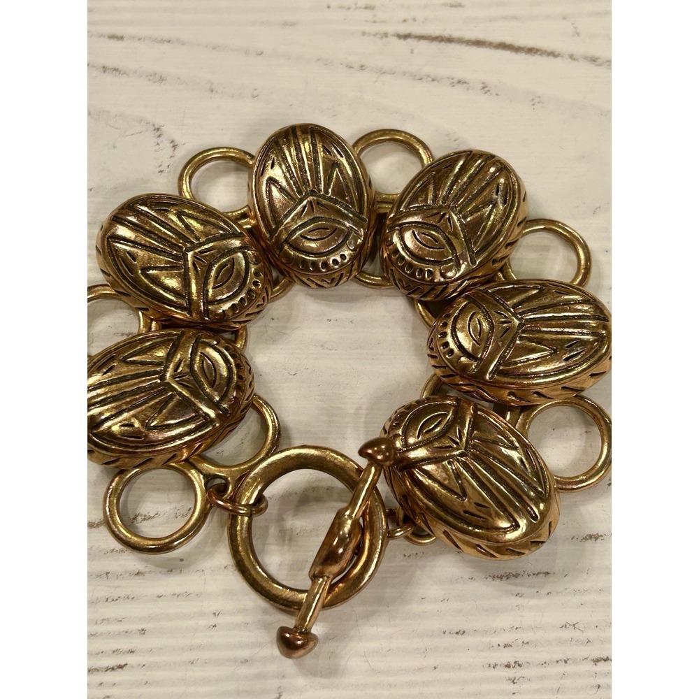 Oscar‎ de la Renta Vtg 80s Runway Scarab Revival Gold Plate Toggle Bracelet Rare